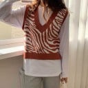 Dámská pletená vesta bez rukávů se zebřím vzorem Výstřih do V Žebrované lemy Polyester Na košili i tričko s dlouhým rukávem 5