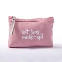 Dámská plochá kosmetická taška s bílým nápisem Tkanina s jemným proužkem Zip s poutkem na otevírání Do kabelky 11 x 3 x 17 cm 7