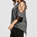 Dámska plus size blúzka s čipkovou aplikáciou vo výstrihu do V Odhalené ramená s prekríženými páskami Rukávy s čipkou Asymetrický lem 7