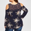 Dámska plus size blúzka s kvetinovým potlačom a čipkovým sedlom Odhalené ramená Dlhé voľné rukávy Kulatý výstrih Polyester 3