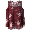 Dámska plus size blúzka s kvetinovým potlačom a čipkovým sedlom Odhalené ramená Dlhé voľné rukávy Kulatý výstrih Polyester 5