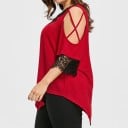 Dámská plus size halenka s krajkovou aplikací ve výstřihu do V Odhalená ramena s překříženými pásky Rukávy s krajkou Asymetrický lem 6