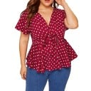 Dámská plus size halenka s puntíky Překládaný výstřih do V Vázání na mašli v pase Krátké rozevláté rukávy Volánový lem Polyester 1