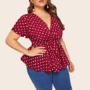 Dámská plus size halenka s puntíky Překládaný výstřih do V Vázání na mašli v pase Krátké rozevláté rukávy Volánový lem Polyester 5
