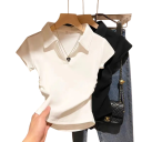 Dámska polokošile crop top Výstrih do V s golierikom Jednofarebné bavlnené tričko Krátky moderný strih pre ženy 2