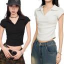 Dámska polokošile crop top Výstrih do V s golierikom Jednofarebné bavlnené tričko Krátky moderný strih pre ženy 3