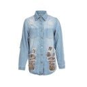 Dámská prodloužená džínová bunda košilového střihu s leopardím vzorem Trhaný efekt Dvě náprsní kapsy Zaoblený lem Bavlněný denim 2