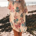 Dámská prodloužená letní košile s květinovým potiskem a jemnými proužky Volný střih Krátký rukáv Zaoblený lem Polyester Krémová 3