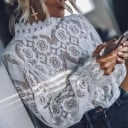 Dámská průsvitná krajková blůza se stojáčkem a dlouhými volnými rukávy Volány na zápěstí Krajka s květinovým vzorem Polyester 1
