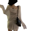 Damska prześwitująca koszulka z długim rękawem Luźny krój Fason z odkrytymi ramionami Modny top w stylu streetwear z napisem na piersi Seksowny strój na lato 2