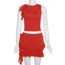 Dámská souprava dvoudílná asymetrický crop top a mini sukně s volány a mašlí elastan a polyester červená na léto párty i na ven 3