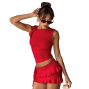 Dámská souprava dvoudílná asymetrický crop top a mini sukně s volány a mašlí elastan a polyester červená na léto párty i na ven 5
