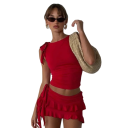Dámská souprava dvoudílná asymetrický crop top a mini sukně s volány a mašlí elastan a polyester červená na léto párty i na ven 6