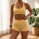 Dámská sportovní podprsenka za krk s kulatým výstřihem a širokým žebrovaným spodním lemem v krátkém střihu na jógu i fitness 4