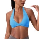 Dámská sportovní podprsenka za krk s překříženým předním dílem a hlubokým výstřihem do V s otevřenými zády na jógu pilates i fitness 8