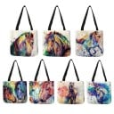 Dámská taška přes rameno s akvarelovým motivem koně Len a polyester Čtvercový tvar 40 x 40 cm Dlouhá černá ucha Výrazný malířský potisk 8