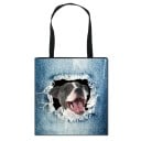Dámská taška shopper s realistickým potiskem zvířátka vykukujícího z roztrhané džínoviny Plátno a polyester Černá ucha Čtvercový tvar 1