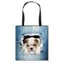 Dámská taška shopper s realistickým potiskem zvířátka vykukujícího z roztrhané džínoviny Plátno a polyester Černá ucha Čtvercový tvar 8