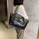 Dámská velká taška přes rameno z umělé kůže Shopper s pleteným vzorem na přední straně Dlouhá ucha Lesklý povrch 46,5 x 29 x 12 cm 7