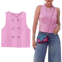 Dámská vesta s dvojřadým zapínáním na knoflíky bez rukávů polyester růžová krátký střih pro každodenní nošení a vrstvení 6