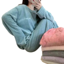 Damska vinter plysch pyjamas i polyester och spandex Enfärgad varm set med lång ärm och byxor Universell storlek 2
