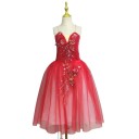 Dámské baletní šaty s dlouhou tylovou sukní, květinovou výšivkou a véčkovým výstřihem, polyester a elastan, taneční oblečení na vystoupení 8