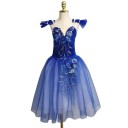 Dámské baletní šaty s dlouhou tylovou sukní, květinovou výšivkou a véčkovým výstřihem, polyester a elastan, taneční oblečení na vystoupení 4