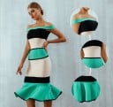 Dámske bandážové midi šaty so spadlými ramenami a volánom Pruhy v kombinácii tyrkysovej s čiernou a pudrovou Strečový polyester so spandexom 5