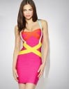 Dámske bandážové mini šaty na ramienka Priliehavý strih zvýrazňujúci postavu Žiarivo ružové s kontrastnými farebnými pruhmi Polyester a spandex 2