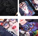 Dámske čierne košilové šaty voľného strihu s krátkym rukávom Farebný potlač ženských portrétov Čipkové aplikácie Bavlna a polyester 4