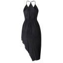 Dámske čierne šaty pod kolená s asymetrickou prekladanou sukňou a čipkou Hlboký výstrih do V Tenké ramienka Polyester so spandexom 4
