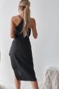 Dámske čierne šaty pod kolená s asymetrickou prekladanou sukňou a čipkou Hlboký výstrih do V Tenké ramienka Polyester so spandexom 5
