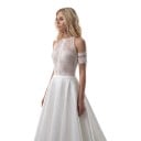 Dámske dlhé svadobné šaty v boho štýle s odhalenými ramenami a odnímateľnými rukávmi s otvorenými chrbtom a vlečkou biele na obrad 4