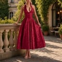 Dámské elegantní midi šaty s korzetem a odhalenými zády s výstřihem do V a vázáním za krk se šněrováním na zádech 11