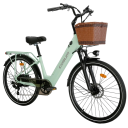 Dámské elektrokolo s předním košíkem Motor 250 W Baterie 48 V 10,4 Ah Dojezd 100 km Kotoučové brzdy 7 rychlostí Nosnost 120 kg Do města 3