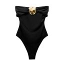 Dámske jednodielne plavky Bez ramienok Výstrih do O Ozdoba na hrudi Jednofarebné Spandex Nylon Elastické elegantné plavky 3