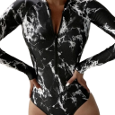 Dámske jednodielne plavky Dlhý rukáv Výstrih do V na zips Polyester Spandex Elastické športové plavky k moru aj bazénu 1