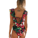 Dámske jednodielne plavky Výstrih do V Široké ramienka Volánky Kvetinový potlač Polyester Elegantné letné plavky k bazénu i moru 3