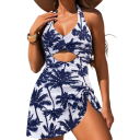 Dámské jednodílné plavky Bílé Modré palmové potisky Výstřih do V Široká ramínka Sukýnkový spodek Polyester Spandex 3