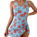 Dámské jednodílné plavky Světle modrá Květinový potisk Výstřih do V Široká ramínka Sukýnkový spodek Polyester Spandex 2