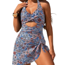 Dámské jednodílné plavky Světle modré Květinový potisk Výstřih do V Široká ramínka Sukýnkový spodek Polyester Spandex 3