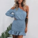 Dámske letné mini šaty na jedno rameno Dlhý rukáv s prierazom Žabičková sukňa s volánom Modré s bielymi bodkami Polyester a šifón 2