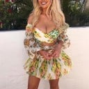 Dámske mini šaty s volánmi a hlbokým výstrihom Asymetrický strih s prekríženým živôtikom Výrez v páse Dlhé naberané rukávy Kvetinový potlač 3