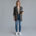 Dámske oversize sako na jeden gombík s klopami a kapsami voľný predĺžený strih polyester do kancelárie aj na každý deň 3