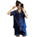 Dámské pyžamo set tričko a kraťasy Zapínání na knoflíky Kapsička Límec Jednobarevné Pohodlný materiál Polyester spandex 7