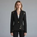 Dámské sako se zlatými zavíracími špendlíky Na jeden knoflík S klopami a průstřihy Polyester a bavlna Černé Do práce i na večírek 15
