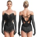 Dámske tanečné body s strapcami a kamienkami, nastaviteľné ramienka a rukavice, polyester nylon elastan, na latinu a vystúpenia 9