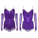 Dámske tanečné body s strapcami a kamienkami, nastaviteľné ramienka a rukavice, polyester nylon elastan, na latinu a vystúpenia 4