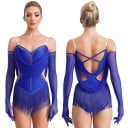 Dámske tanečné body s strapcami a kamienkami, nastaviteľné ramienka a rukavice, polyester nylon elastan, na latinu a vystúpenia 7