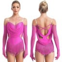 Dámske tanečné body s strapcami a kamienkami, nastaviteľné ramienka a rukavice, polyester nylon elastan, na latinu a vystúpenia 8